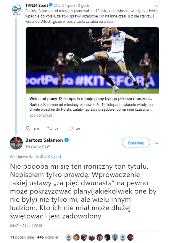 Bartosz Salamon wyjaśnia wpis ''TVN24 Sport''